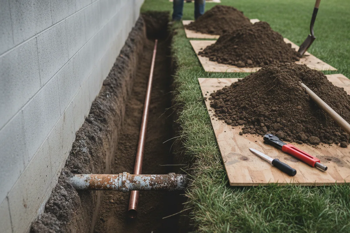 Excavated water line trench during Sewer Line Repair in Wana